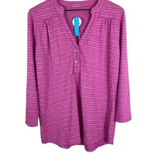 Fresh Produce Womens Top Shirt Size Large Pink Pinstripe Cotton Split Neck